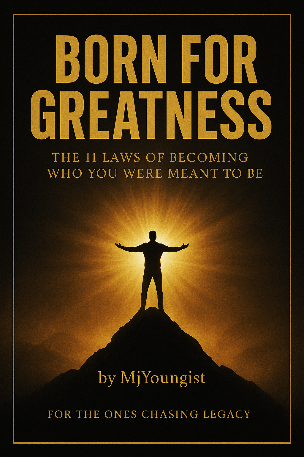 Born For Greatness eBook cover featuring a silhouetted figure on a mountain, symbolizing triumph and destiny.